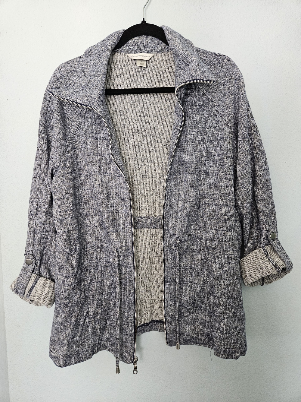 Christopher & Banks Heathered Navy and White Knit Zip Cardigan